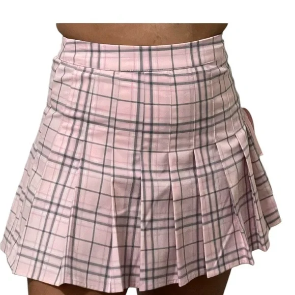 Preppy Pink Gray Plaid Pleated Skirt with Side Tie Coquette Small - Picture 8 of 9